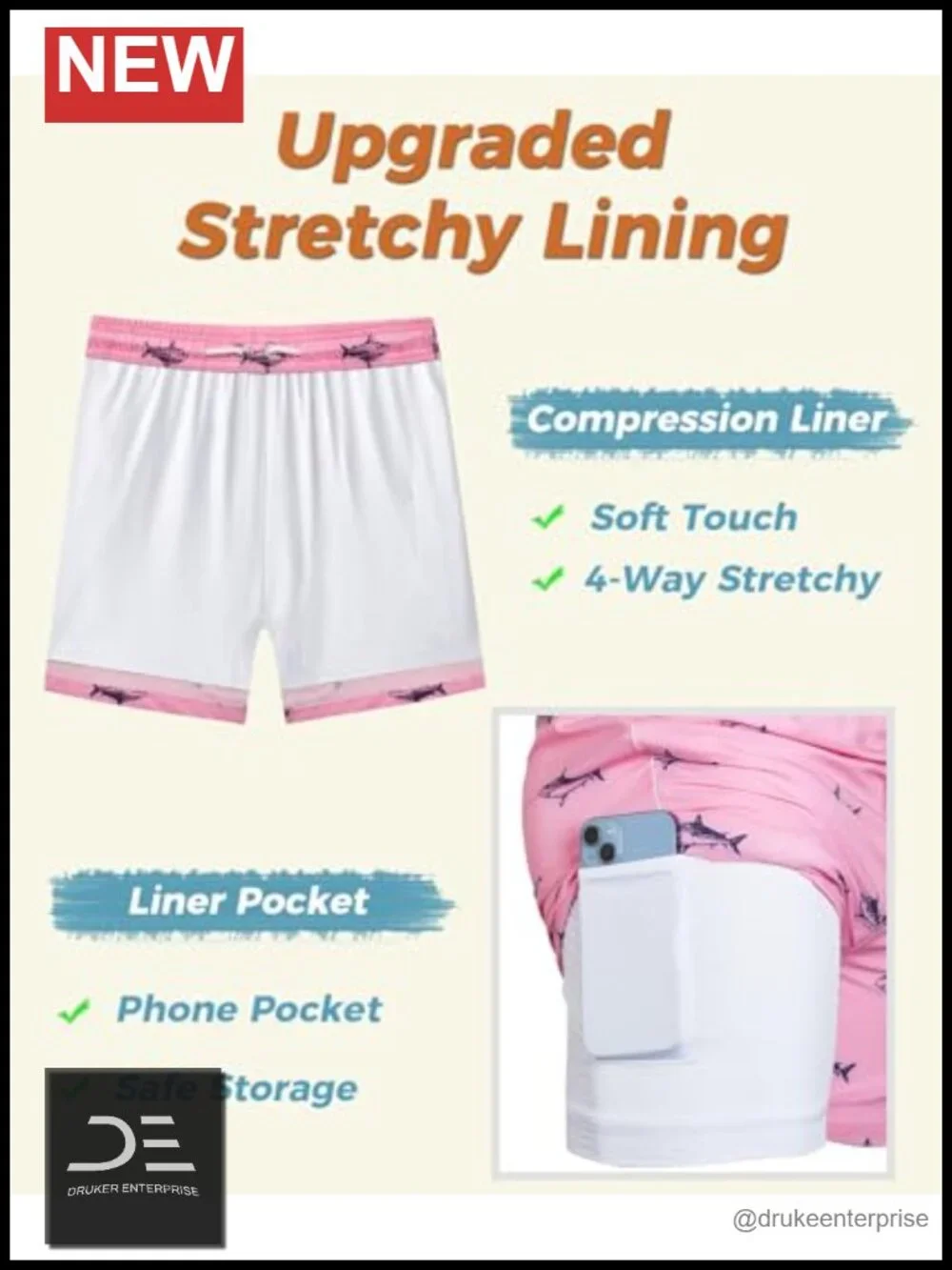 Men's Swim Trunks with Compression Liner Board Shorts Zipper Pockets